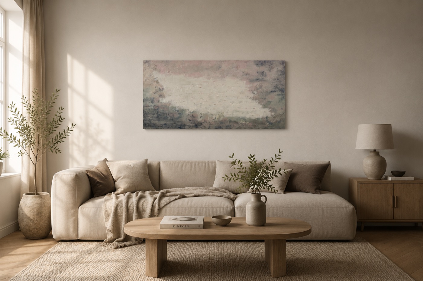 „Nebelschleier“ als ruhiges Panorama über einem beigen Sofa in einem warm und reduziert eingerichteten Wohnzimmer