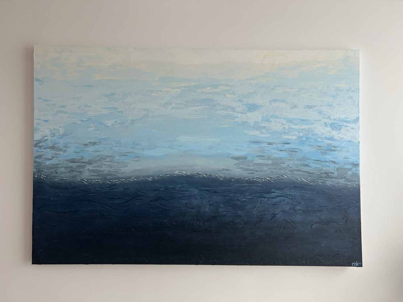 Abstraktes Werk „Wellengang“: atmosphärisches blaues Meer mit pastoser Wellenstruktur, signiert mk